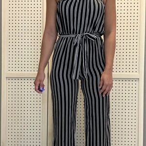 Chesley Black and White Striped Jumpsuit with Wide-Leg Design